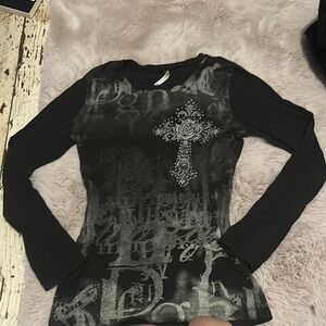 Black and Gray Long Sleeve Y2K cross top